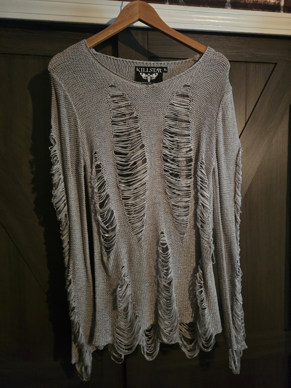 Killstar Light Gray Distressed Open-Weave Ripped Sweater
